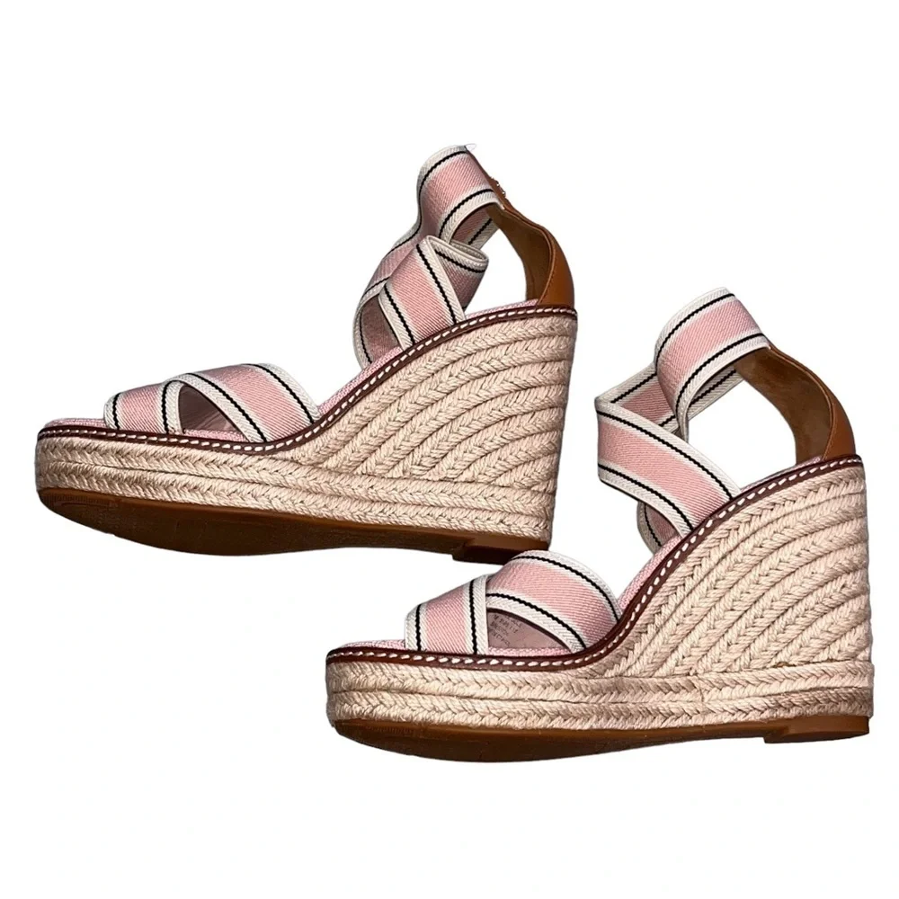 Tory Burch Pink Blush Frieda Espadrille Wedge Sandals Shoes size 7